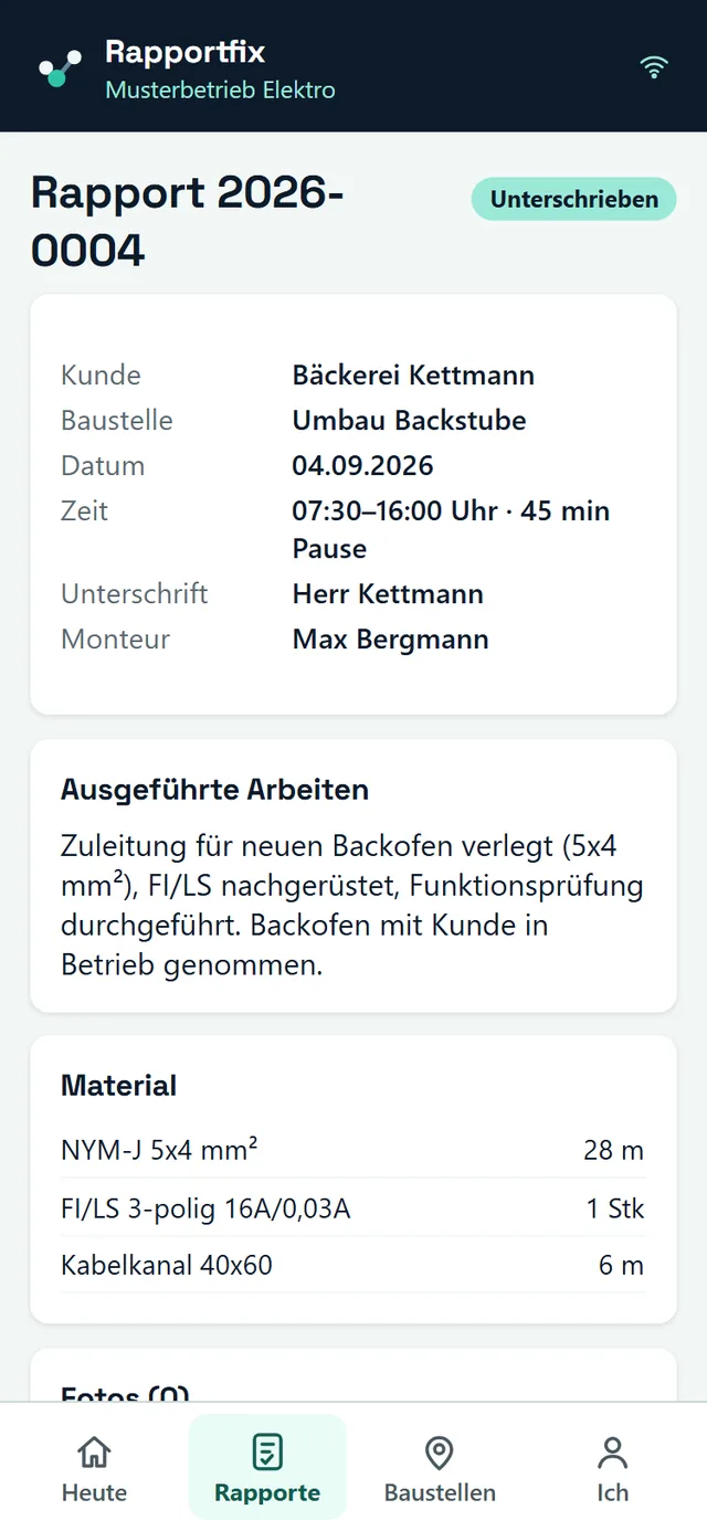 Derselbe Rapport in der App auf dem Handy, Status Unterschrieben