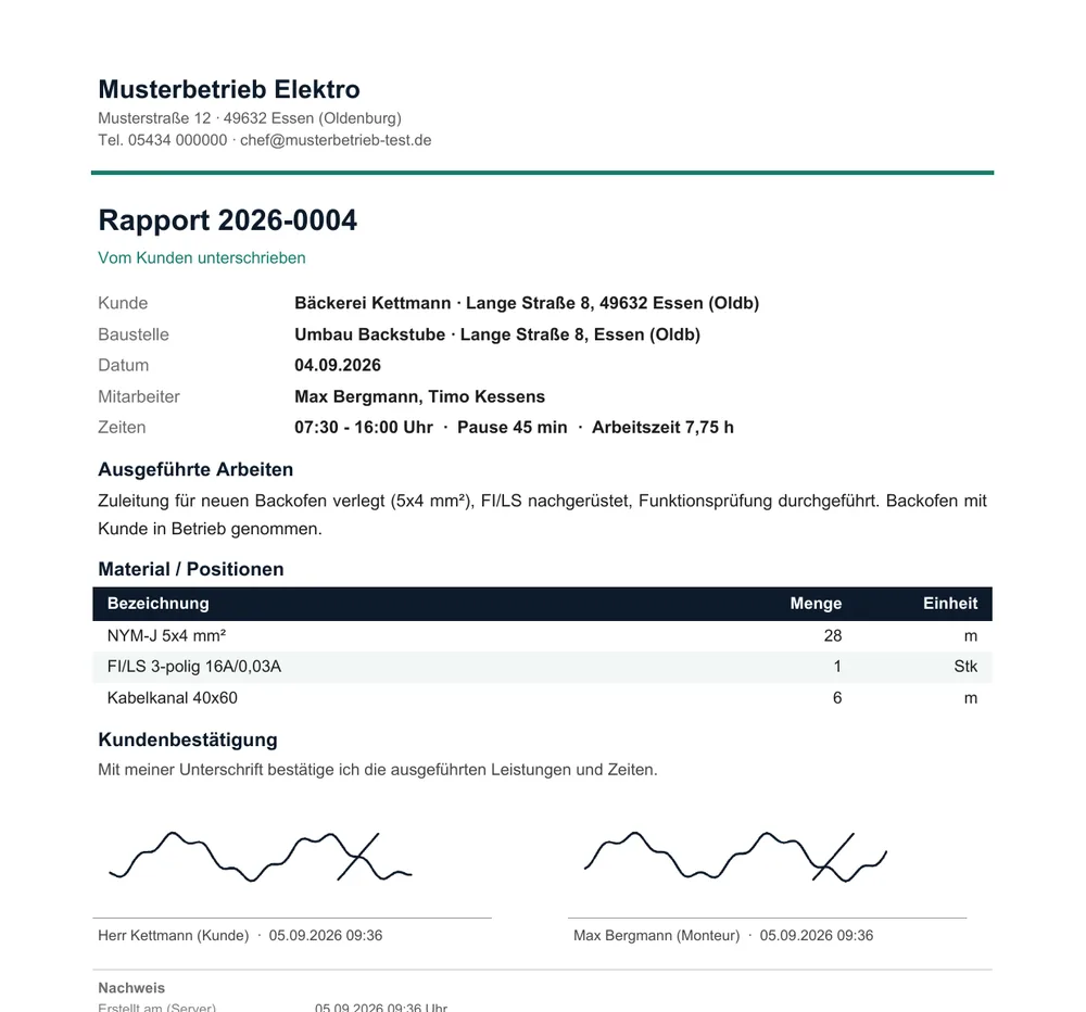 Rapport-PDF eines Elektrobetriebs: Kunde, Baustelle, Zeiten, ausgeführte Arbeiten, Material, Unterschriften von Kunde und Monteur